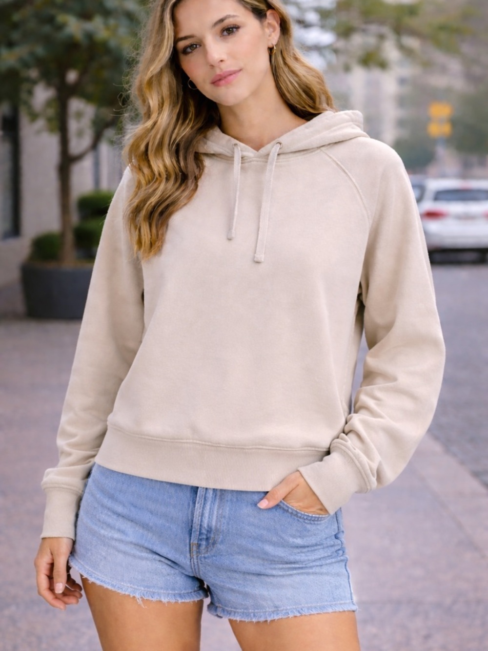 girlfriend collective Beige Pullover Hooded Sweatshirt, guc, sz 3 -xs